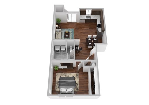 A 3D floor plan of a house with a living room, kitchen, and two bedrooms.